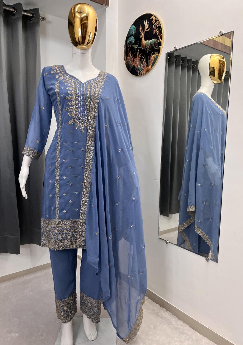 Lavender Thread Work Georgette Kurta Set - Indya