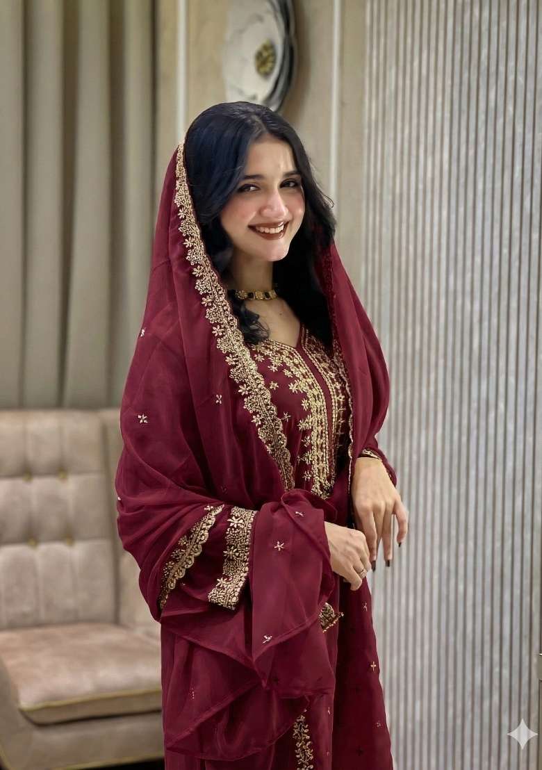 Maroon Thread Work Georgette Kurta Set - Indya
