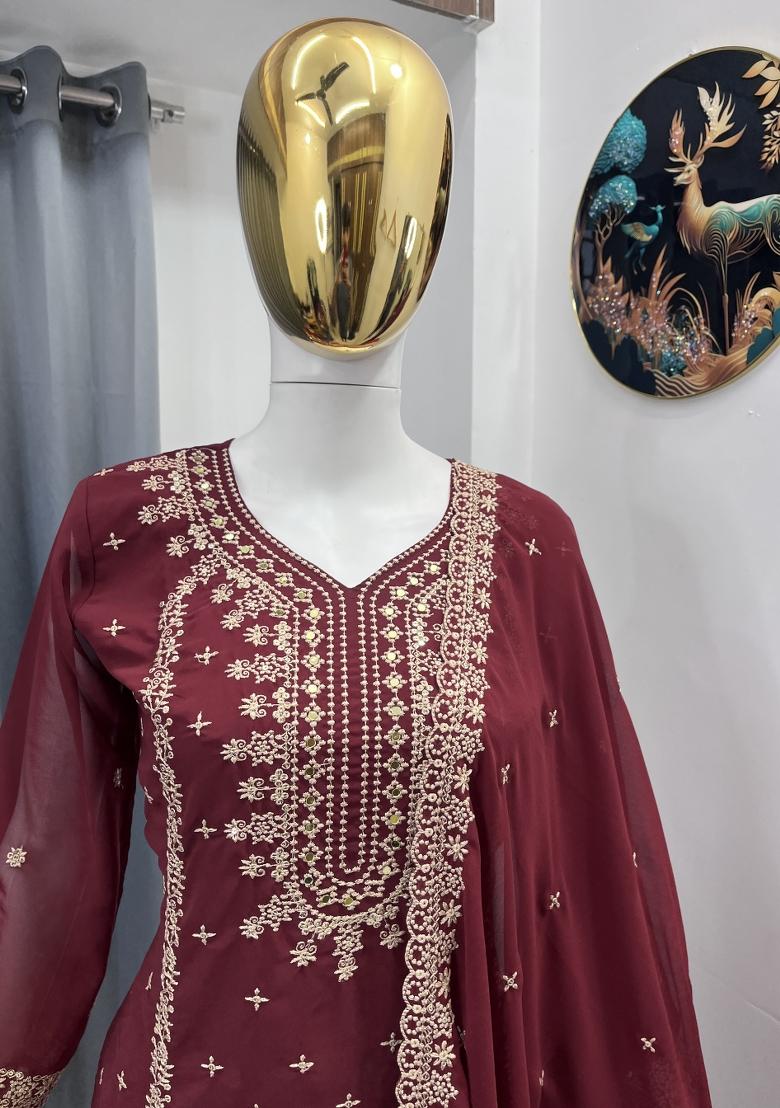 Maroon Thread Work Georgette Kurta Set - Indya