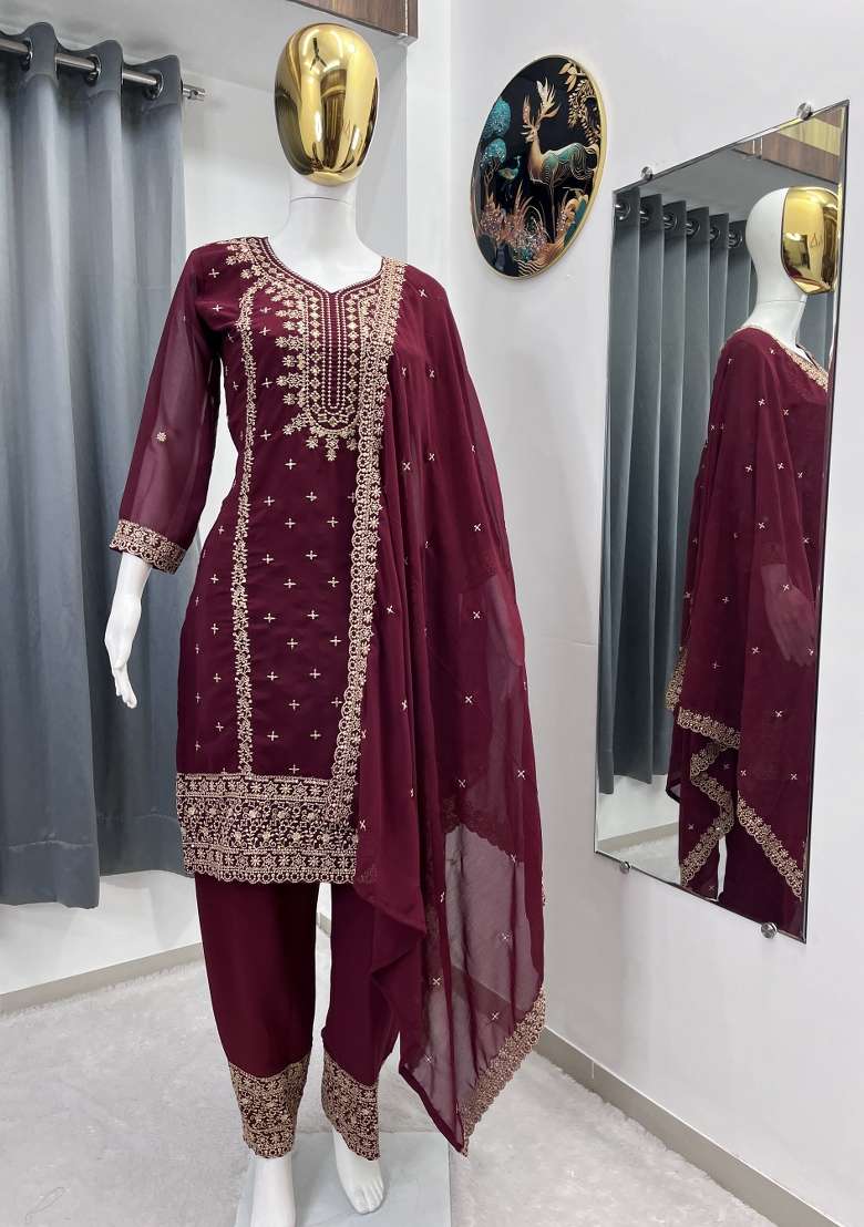 Maroon Thread Work Georgette Kurta Set - Indya