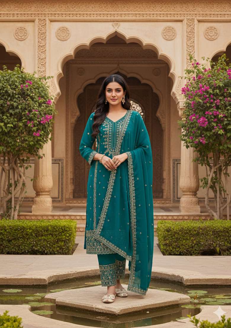 Teal Thread Work Georgette Kurta Set - Indya