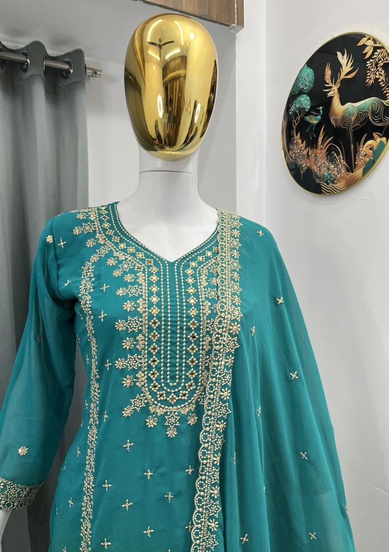 Teal Thread Work Georgette Kurta Set - Indya