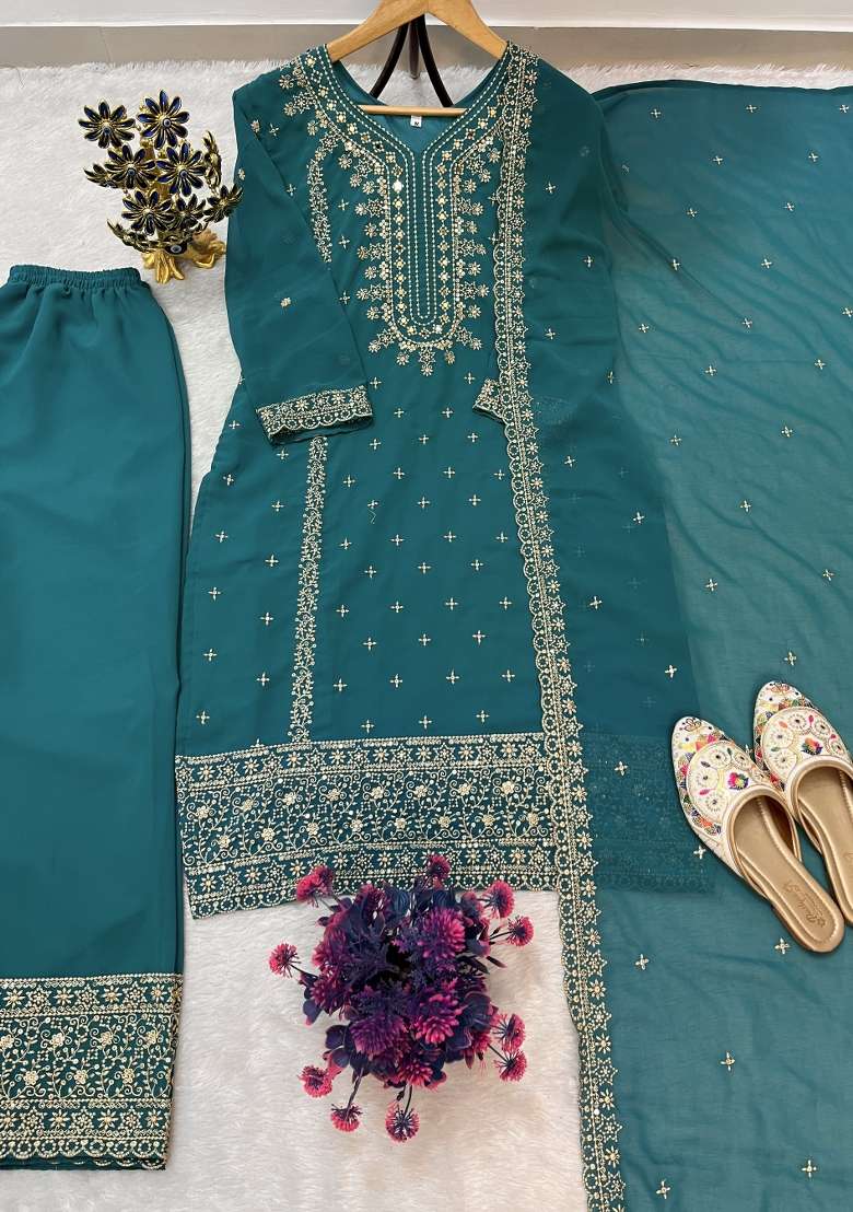 Teal Thread Work Georgette Kurta Set - Indya