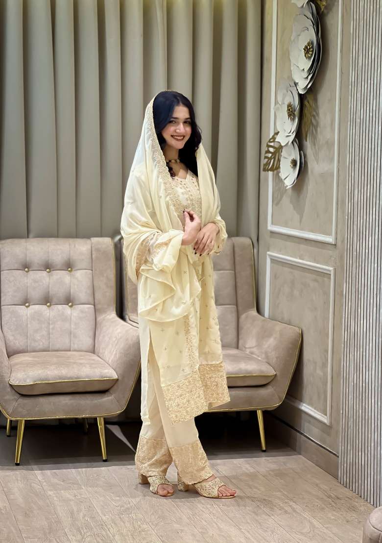 White Thread Work Georgette Kurta Set - Indya