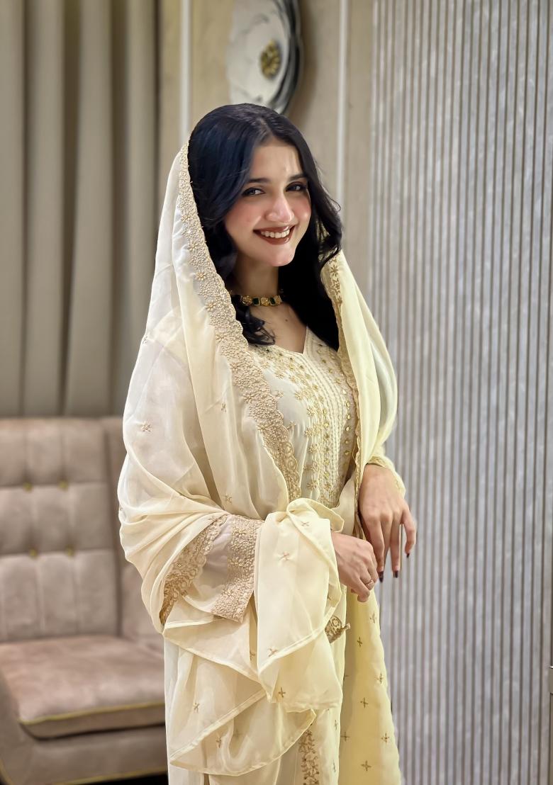 White Thread Work Georgette Kurta Set - Indya