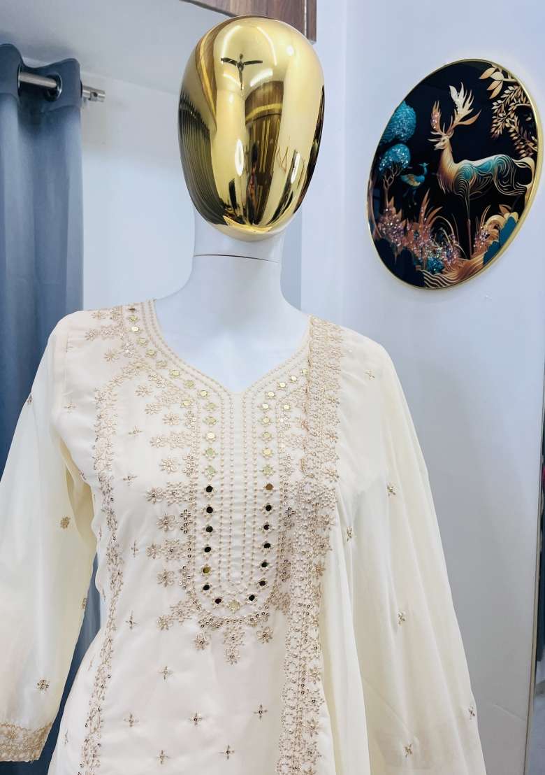 White Thread Work Georgette Kurta Set - Indya