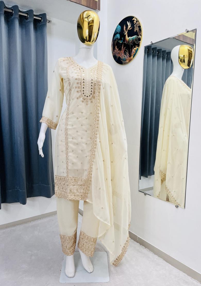 White Thread Work Georgette Kurta Set - Indya