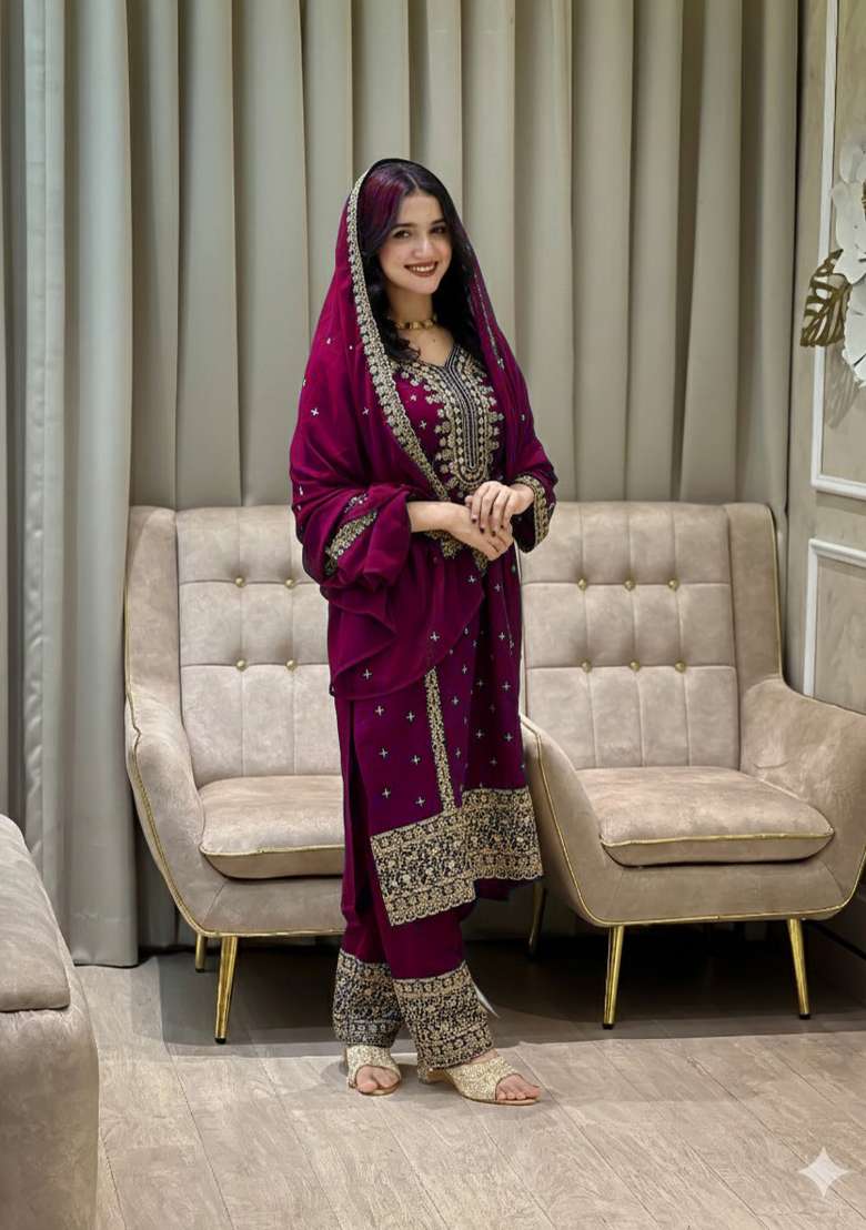 Wine Thread Work Georgette Kurta Set - Indya