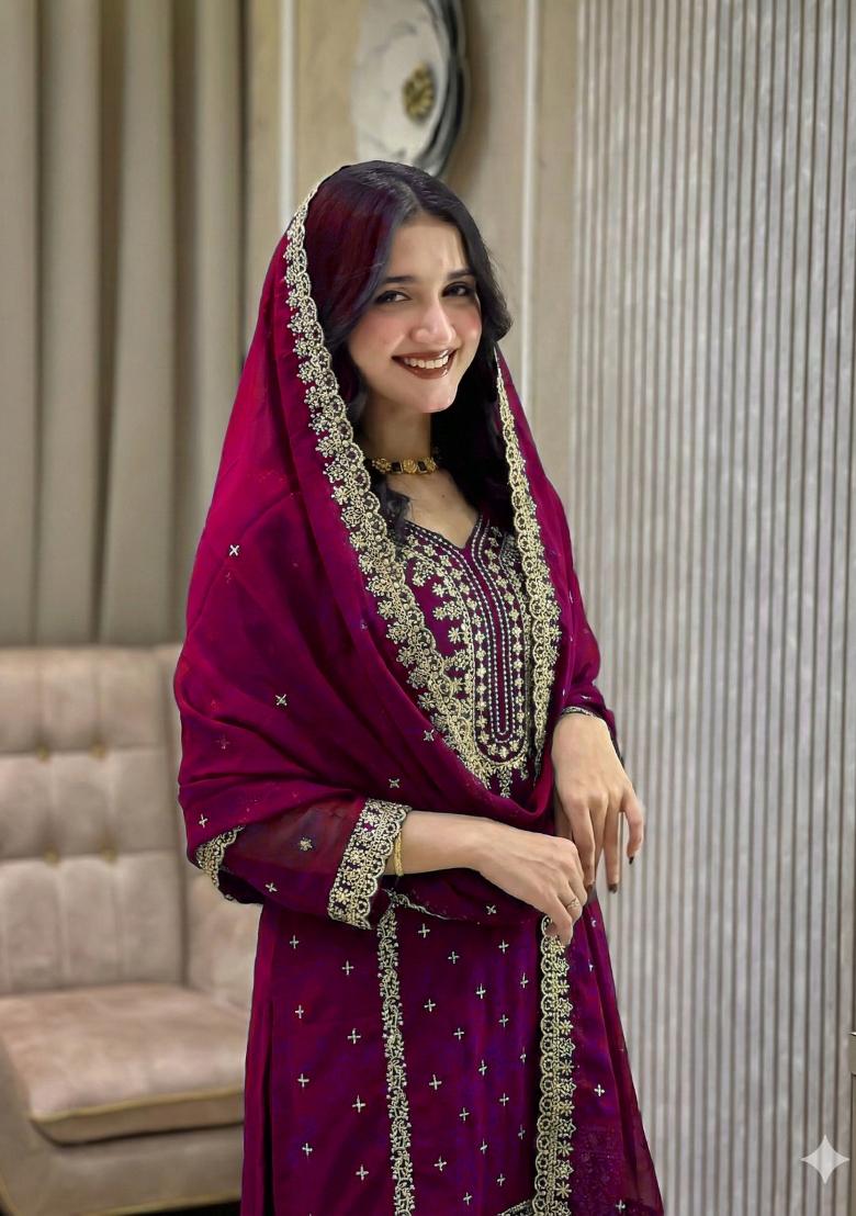 Wine Thread Work Georgette Kurta Set - Indya