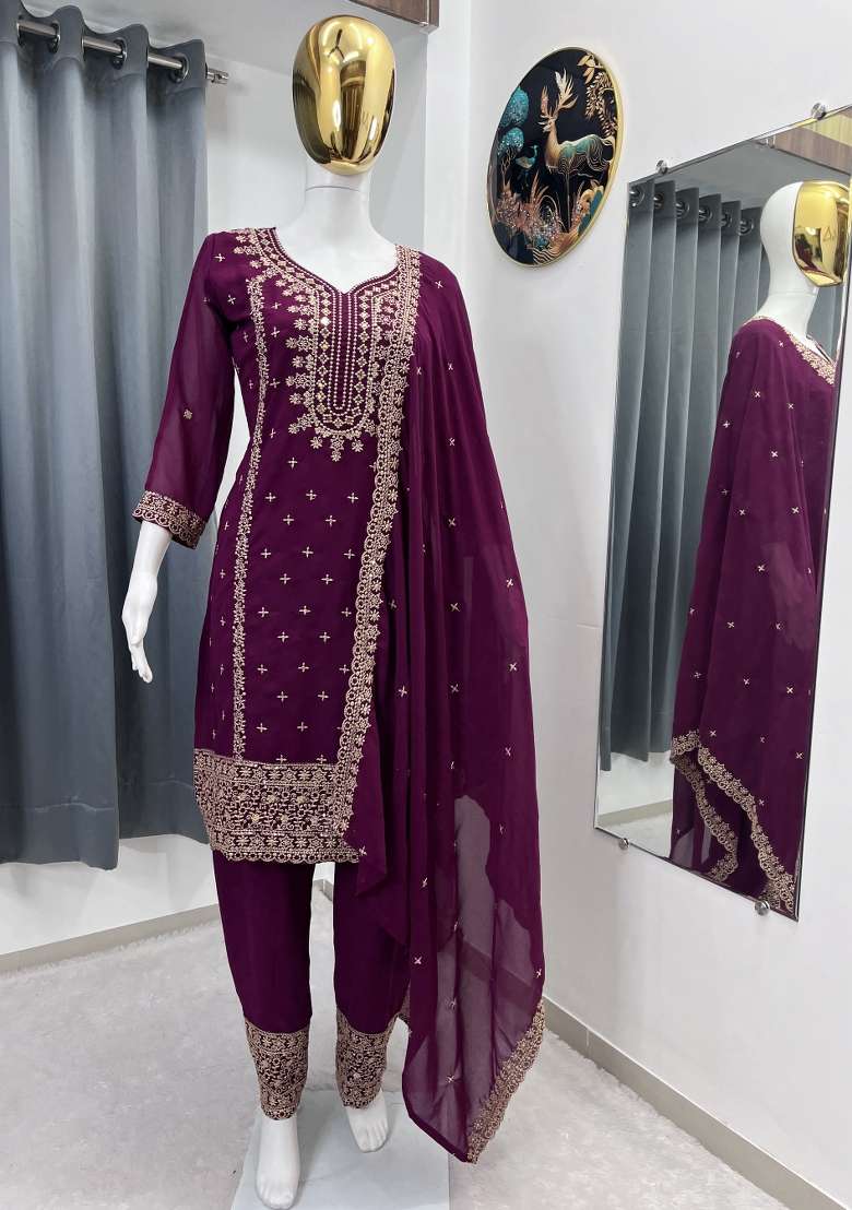 Wine Thread Work Georgette Kurta Set - Indya