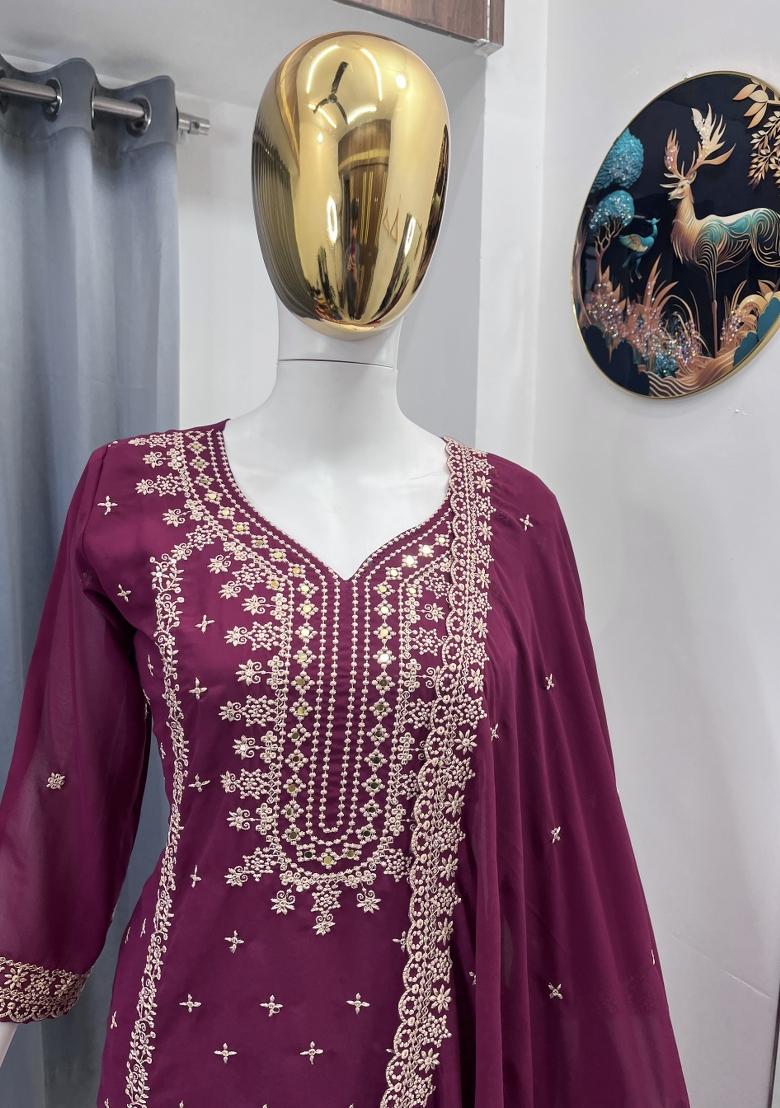 Wine Thread Work Georgette Kurta Set - Indya