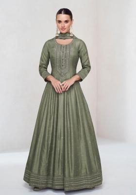 Mehendi Green Thread Work Silk Kurta Set