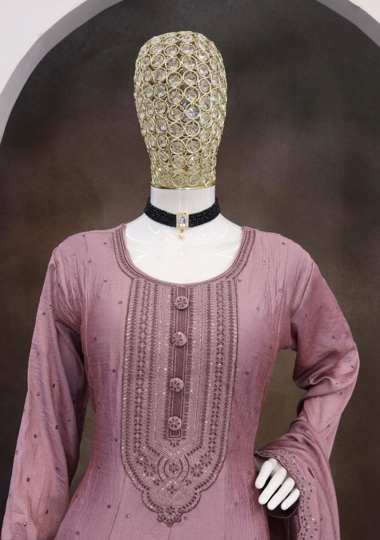 Pink Thread Work Silk Kurta Set - Indya