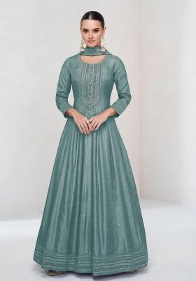 Teal Thread Work Silk Kurta Set