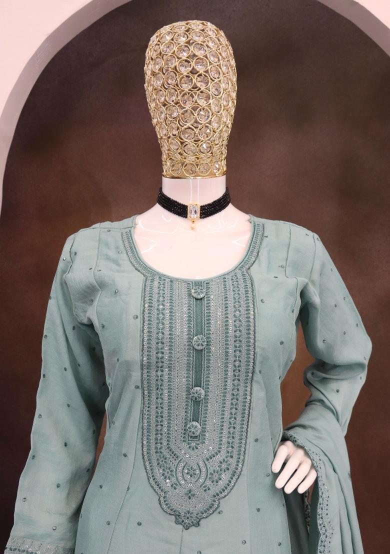 Teal Thread Work Silk Kurta Set - Indya