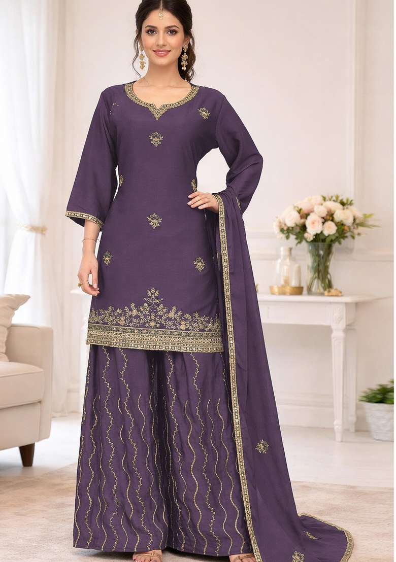 Onion Thread Work Chinon Kurta Set - Indya