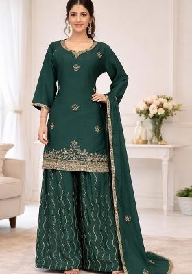 Teal Thread Work Chinon Kurta Set