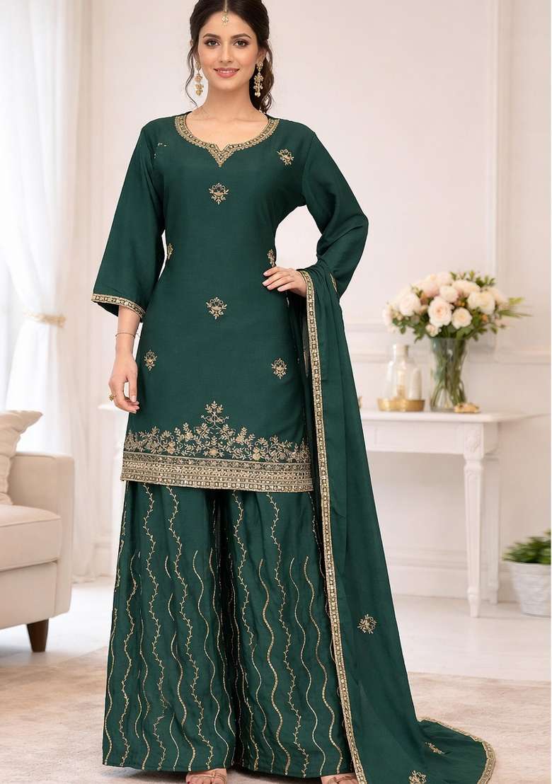 Teal Thread Work Chinon Kurta Set - Indya