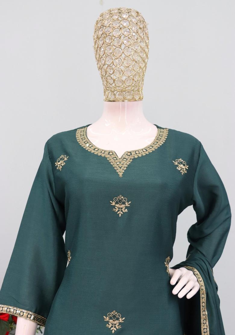 Teal Thread Work Chinon Kurta Set - Indya