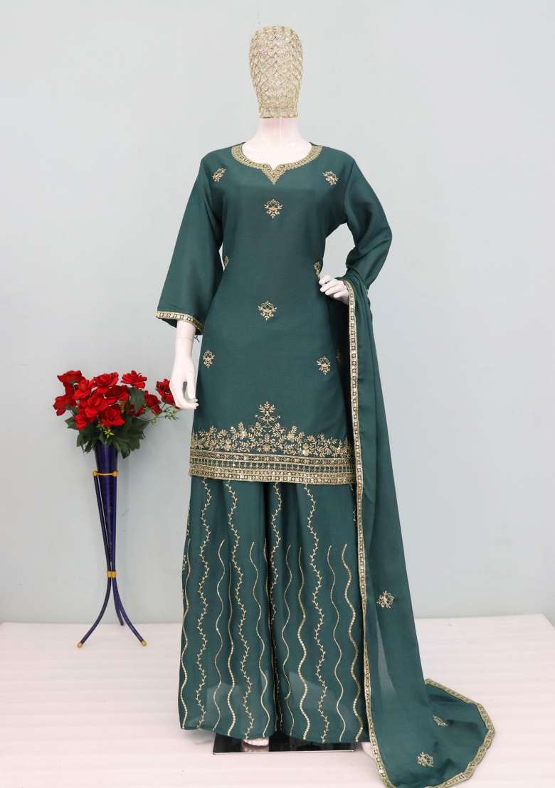 Teal Thread Work Chinon Kurta Set - Indya