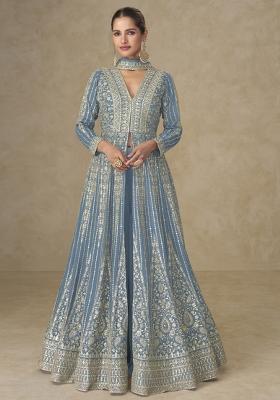 Blue Thread Work Chinon Kurta Set