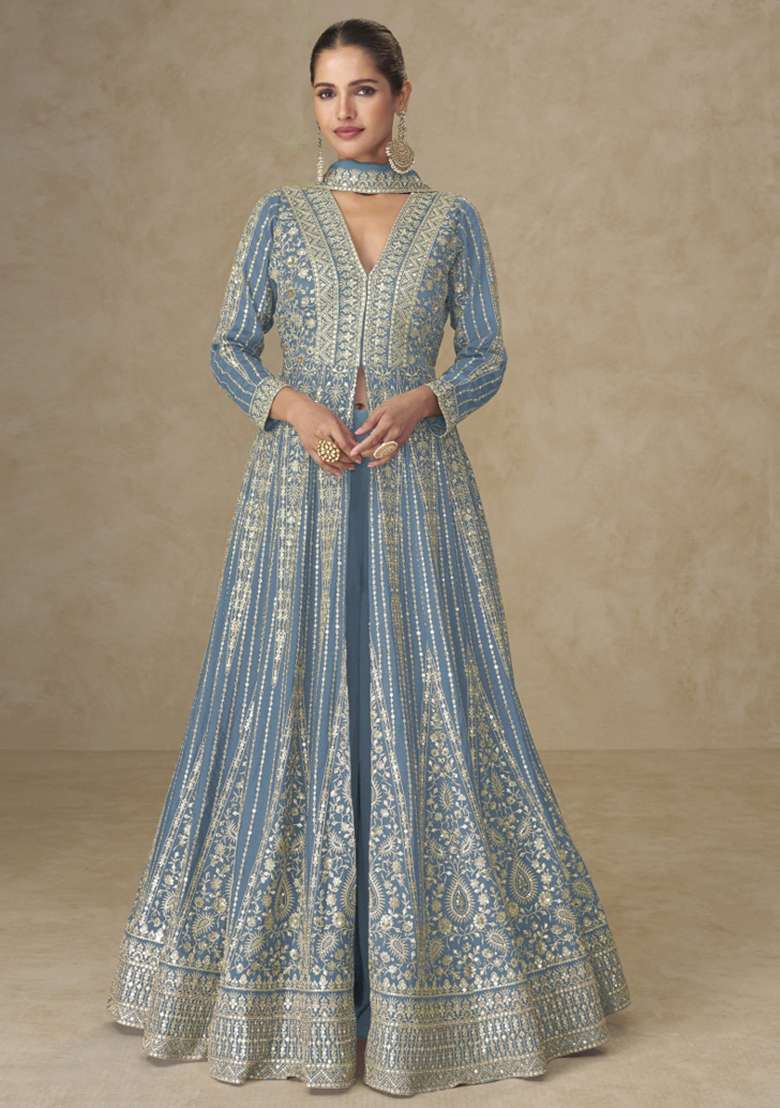 Blue Thread Work Chinon Kurta Set - Indya