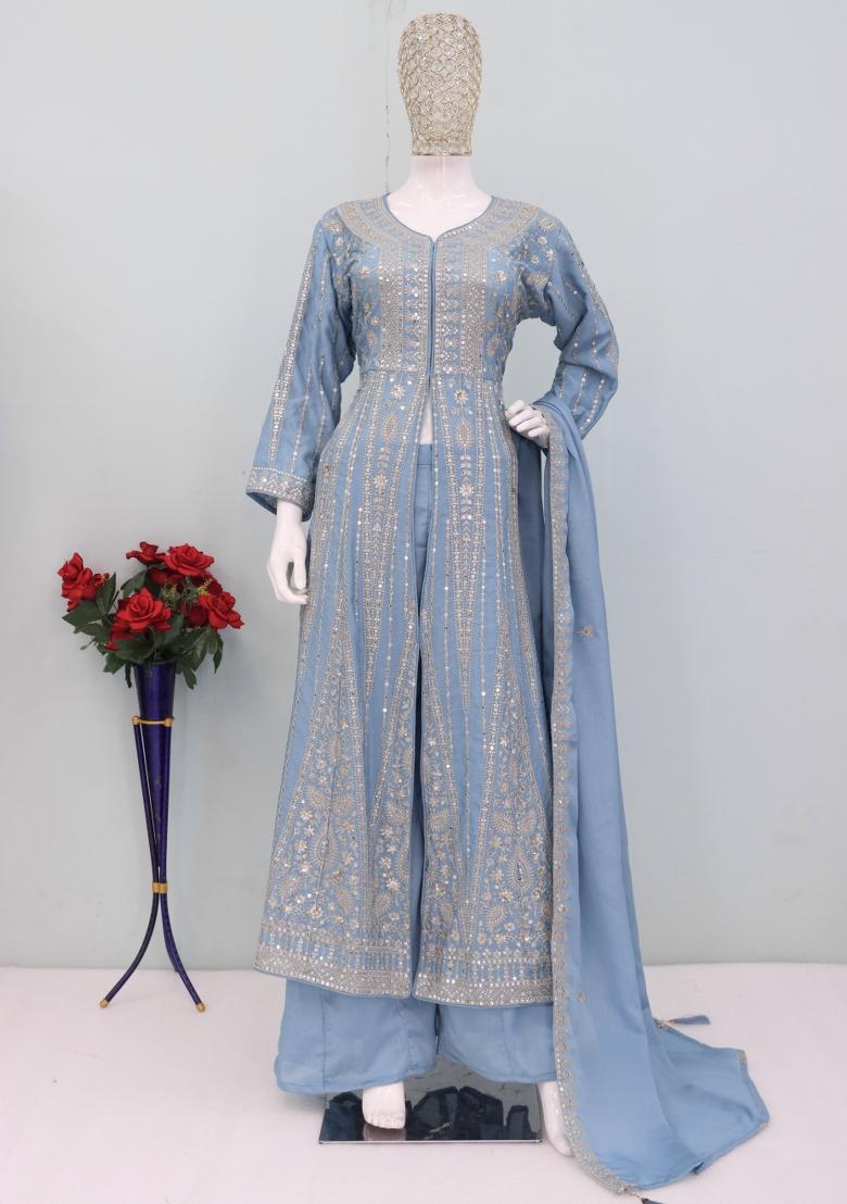 Blue Thread Work Chinon Kurta Set - Indya