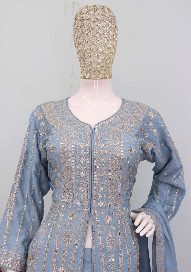 Blue Thread Work Chinon Kurta Set - Indya