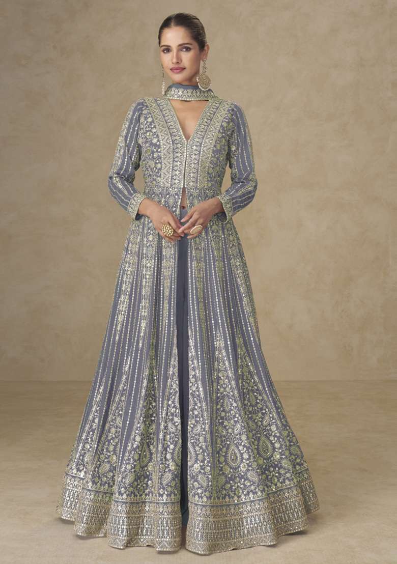 Lavender Thread Work Chinon Kurta Set - Indya