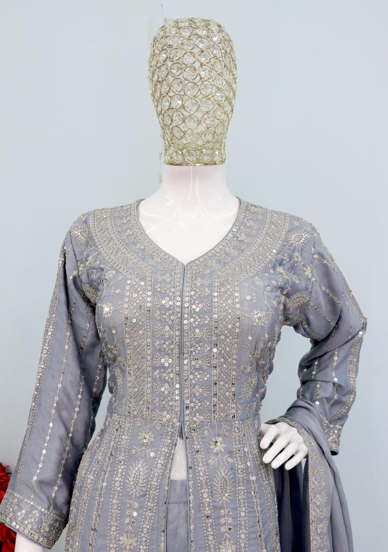 Lavender Thread Work Chinon Kurta Set - Indya