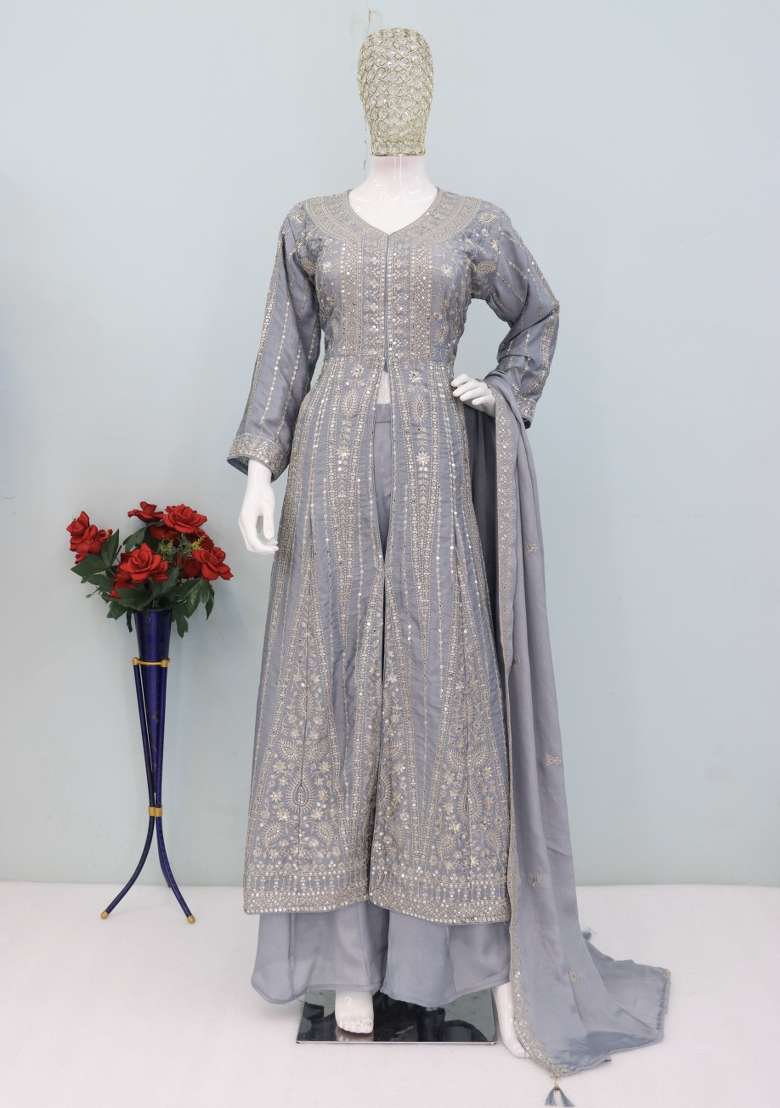 Lavender Thread Work Chinon Kurta Set - Indya