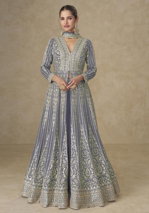 Lavender Thread Work Chinon Kurta Set