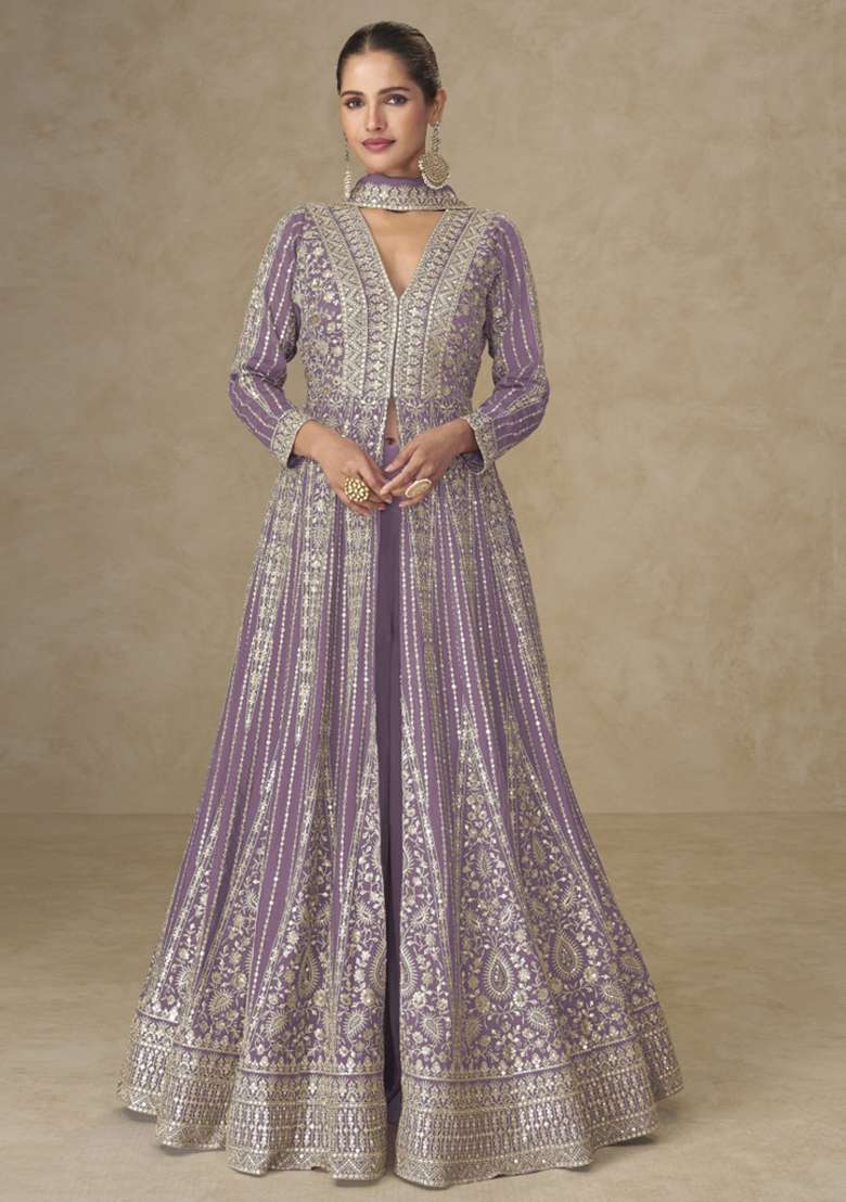 Onion Thread Work Chinon Kurta Set - Indya
