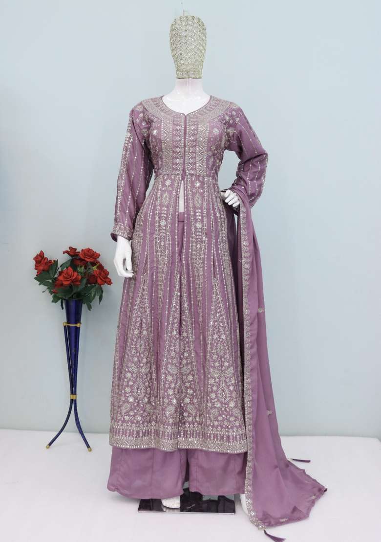 Onion Thread Work Chinon Kurta Set - Indya