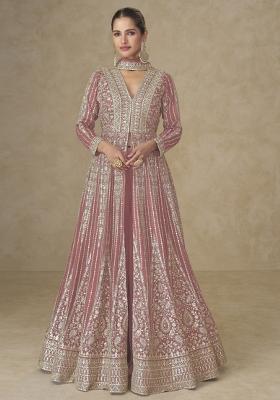 Peach Thread Work Chinon Kurta Set