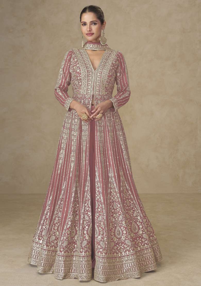 Peach Thread Work Chinon Kurta Set - Indya