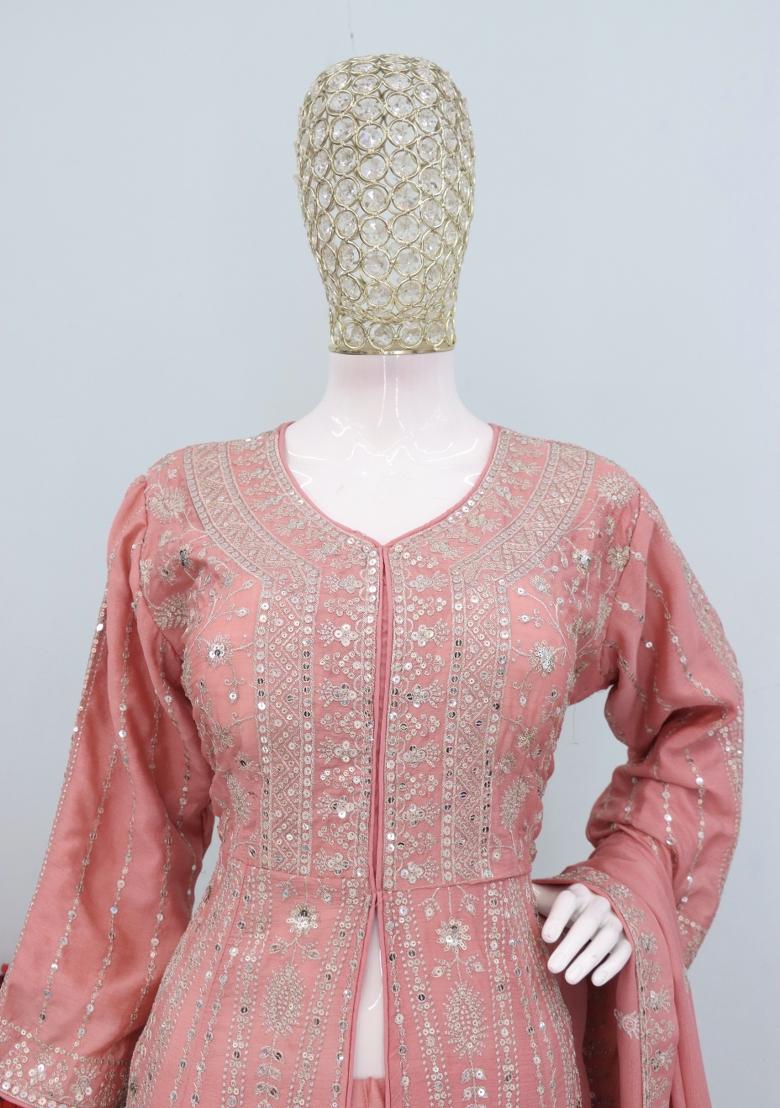 Peach Thread Work Chinon Kurta Set - Indya