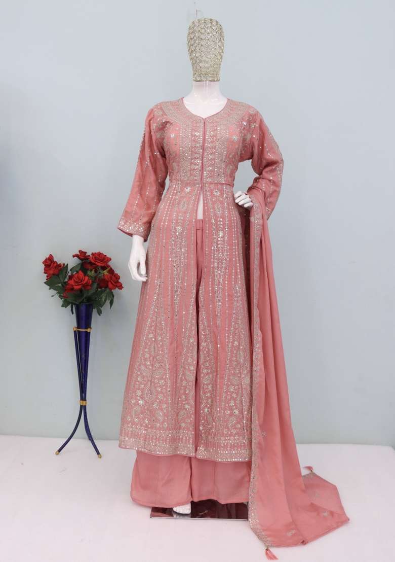 Peach Thread Work Chinon Kurta Set - Indya