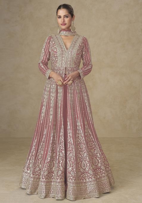 Peach Thread Work Chinon Kurta Set