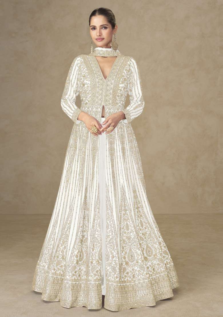 White Thread Work Chinon Kurta Set - Indya