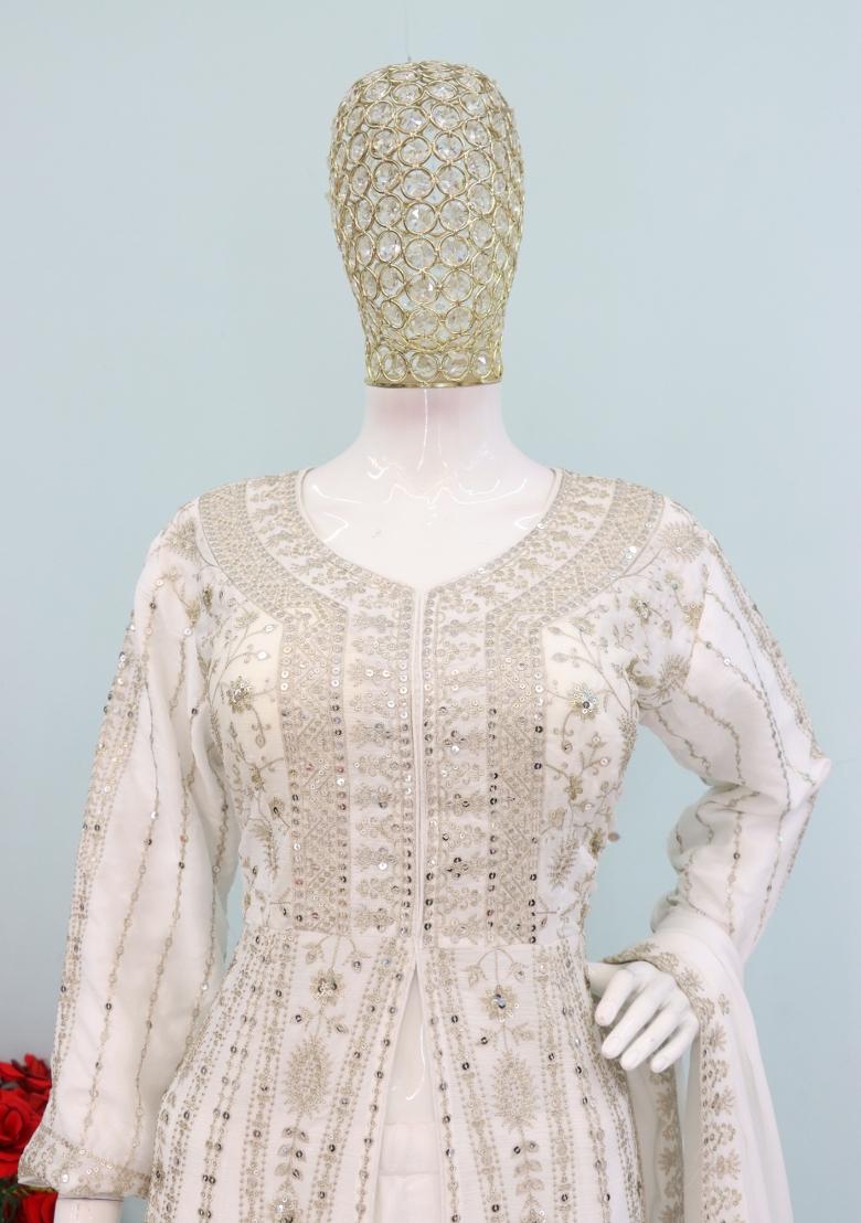 White Thread Work Chinon Kurta Set - Indya