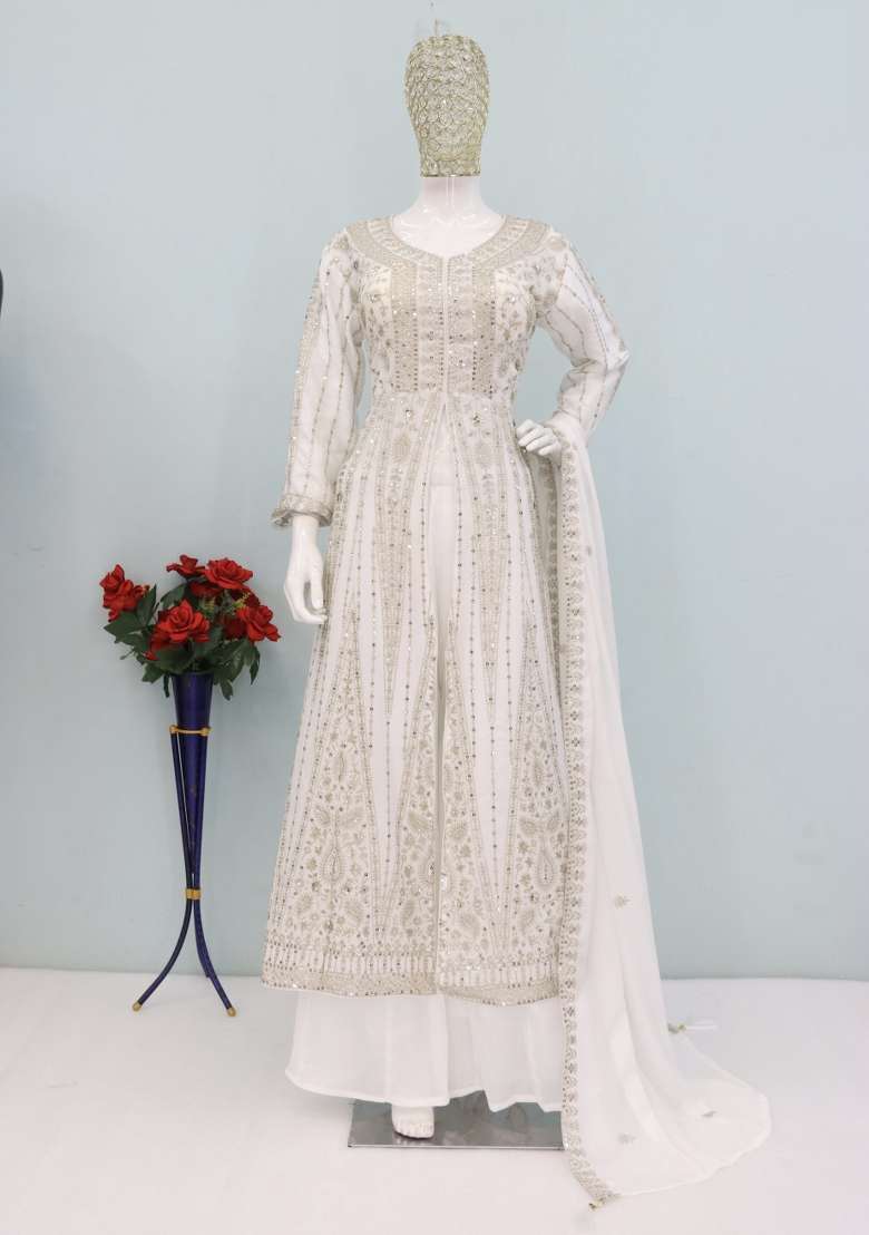 White Thread Work Chinon Kurta Set - Indya