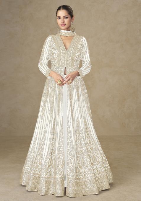 White Thread Work Chinon Kurta Set