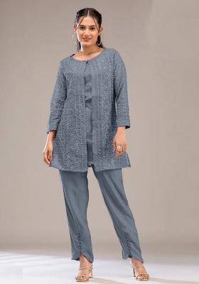 Grey Thread Work Georgette Kurta Set