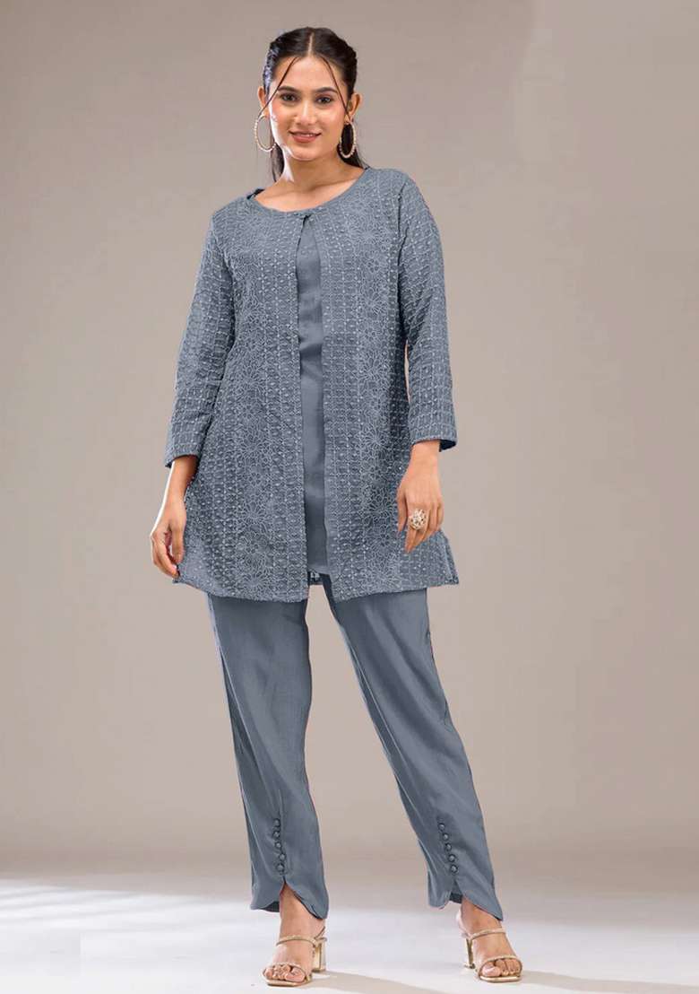 Grey Thread Work Georgette Kurta Set - Indya