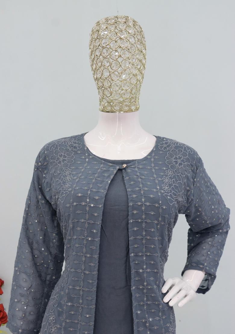 Grey Thread Work Georgette Kurta Set - Indya