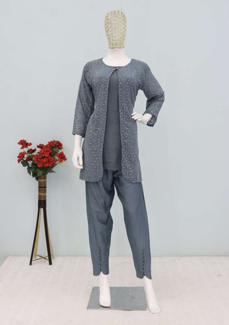 Grey Thread Work Georgette Kurta Set - Indya