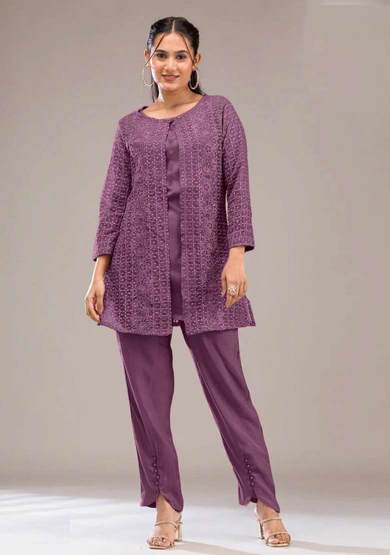 Onion Thread Work Georgette Kurta Set - Indya
