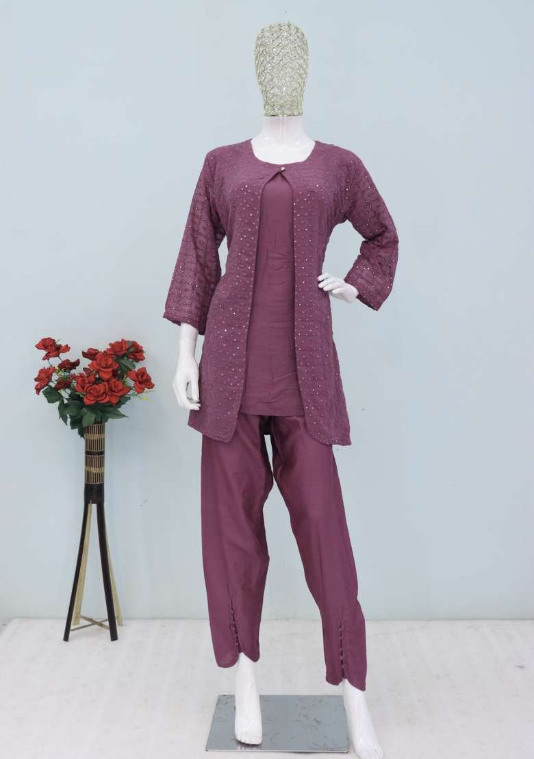 Onion Thread Work Georgette Kurta Set - Indya