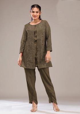 Mehendi Green Thread Work Georgette Kurta Set